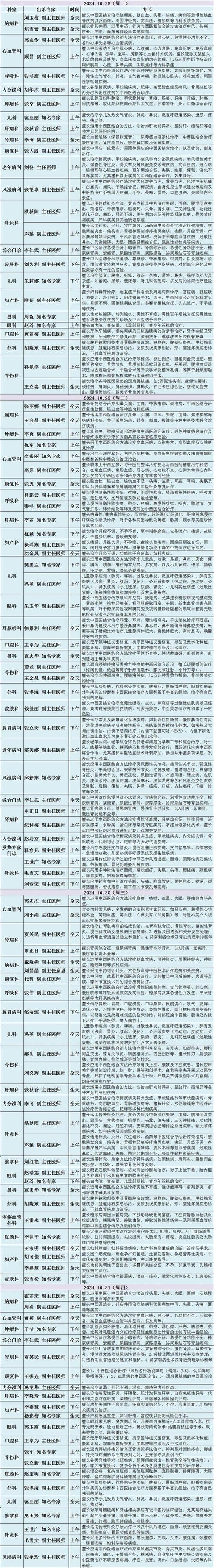 顺义中医院专家出诊表